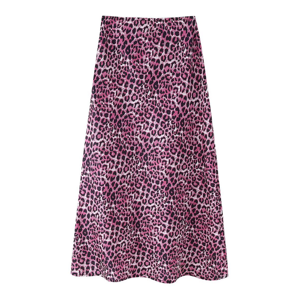 Women's Spring Summer Elegant Silk Satin Texture Leopard Print Skirt