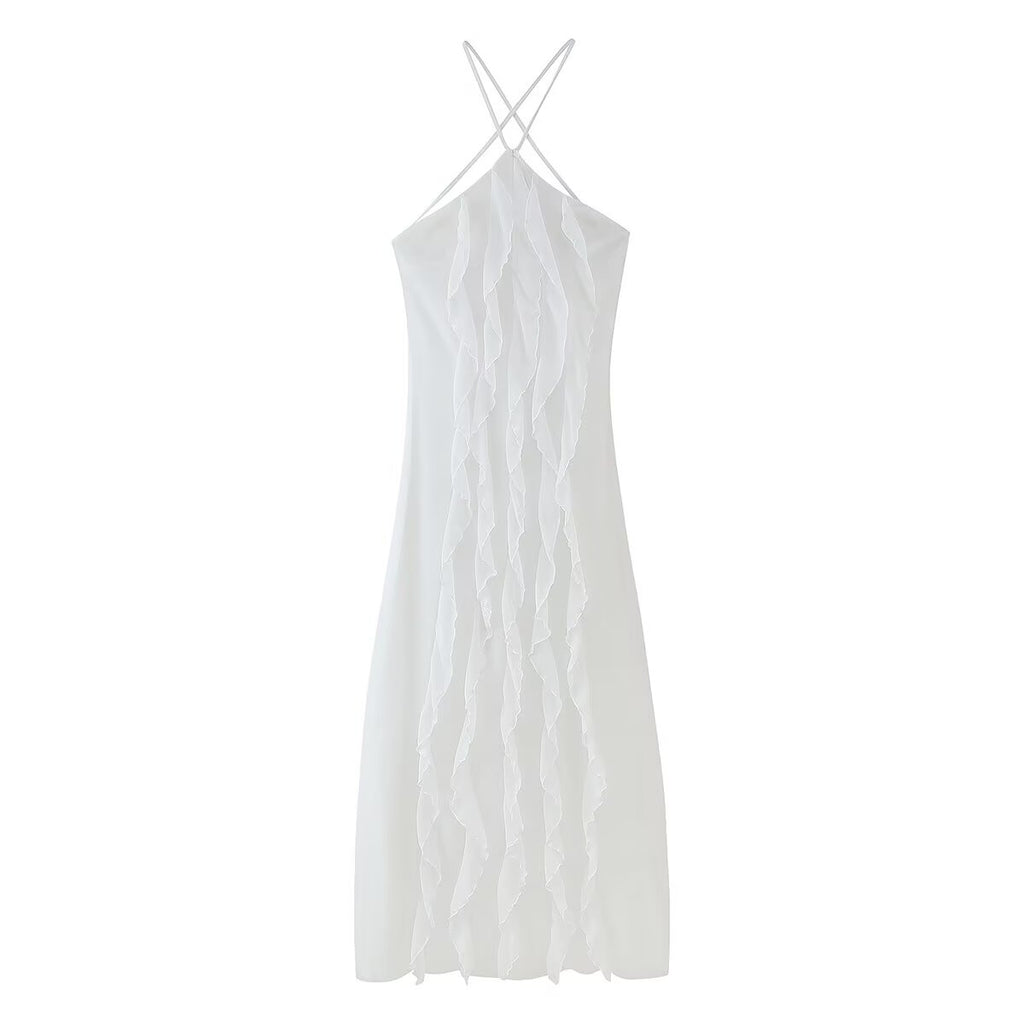 Women's White Ruffle Halter Backless Dress