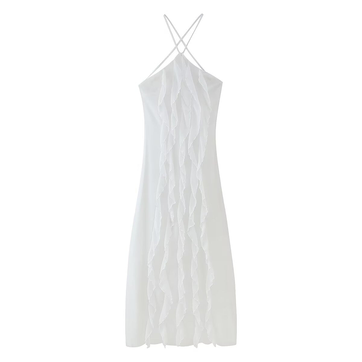 Women's White Ruffle Halter Backless Dress