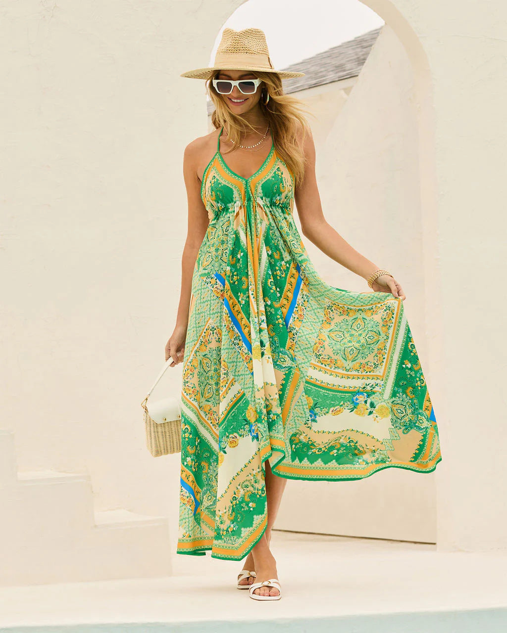 Women's V-Neck Spaghetti-Strap Floral Print Fairy Long Elegant Large Swing Dress