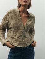 Women's Cutout Embroidered V Neck Single Breasted Long Sleeve Shirt