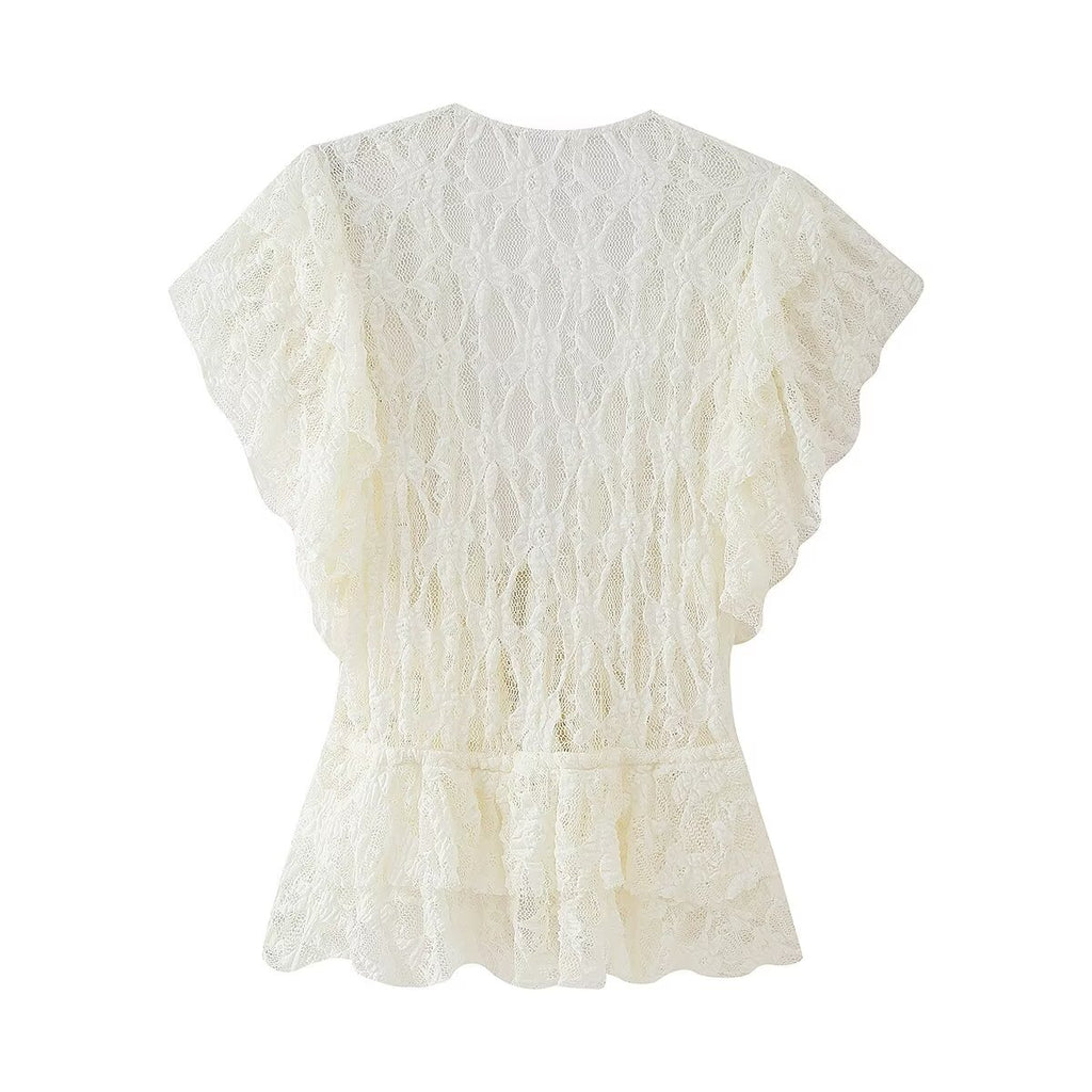 Women Clothing Summer Bowknot Decoration Lace Casual Wooden Ear Sleeve Cardigan Lace up Top