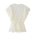Women Clothing Summer Bowknot Decoration Lace Casual Wooden Ear Sleeve Cardigan Lace up Top