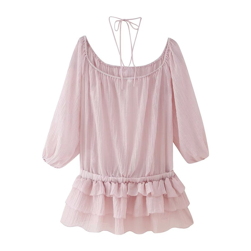 Three Dimensional Floral Pleated Texture See through Ruffled Dress