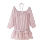 Three Dimensional Floral Pleated Texture See through Ruffled Dress