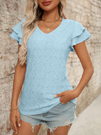 Women's Color V Neck Sweet Short Sleeved T-Shirt Hollow Out Cutout