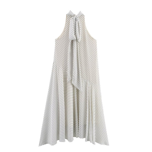 Spring Summer Women Sexy Sleeveless Polka Dot Hanging Collar Dress