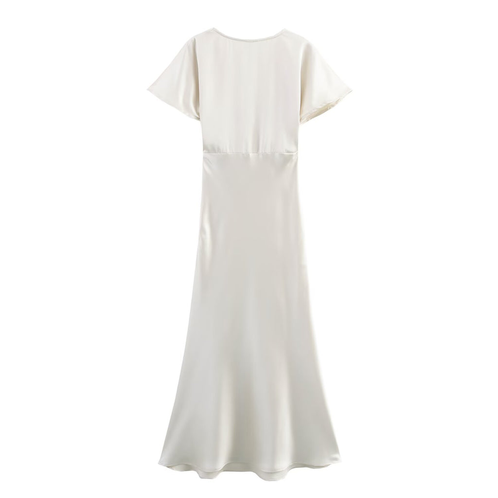 Satin V-Neck Flutter-Sleeve A-Line Maxi Dress