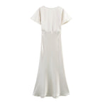 Satin V-Neck Flutter-Sleeve A-Line Maxi Dress