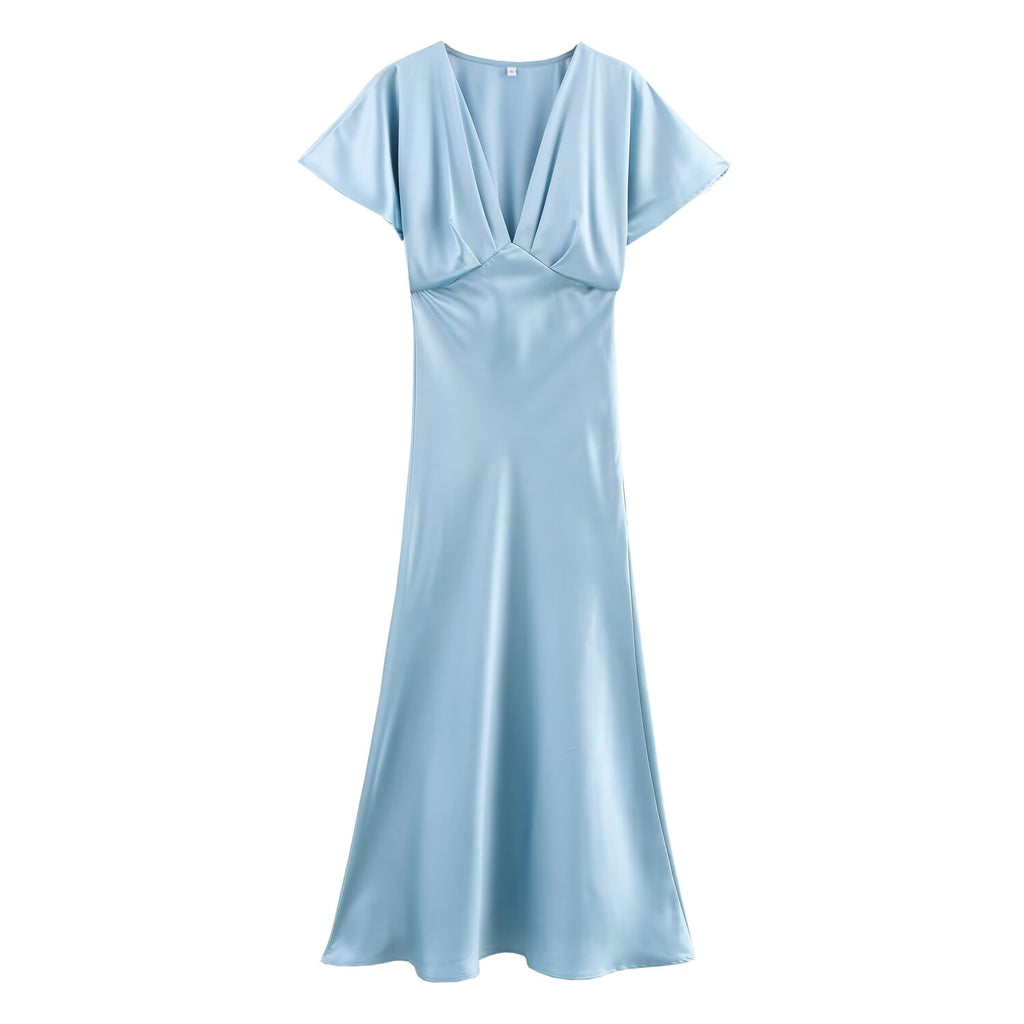 Satin V-Neck Flutter-Sleeve A-Line Maxi Dress