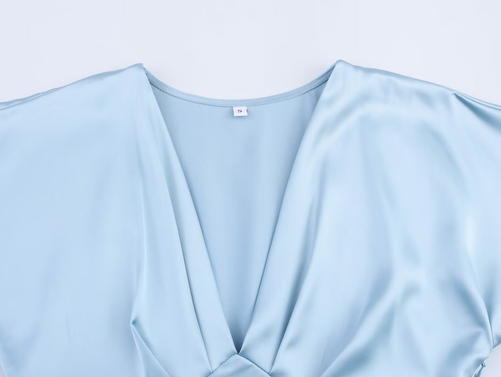 Satin V-Neck Flutter-Sleeve A-Line Maxi Dress