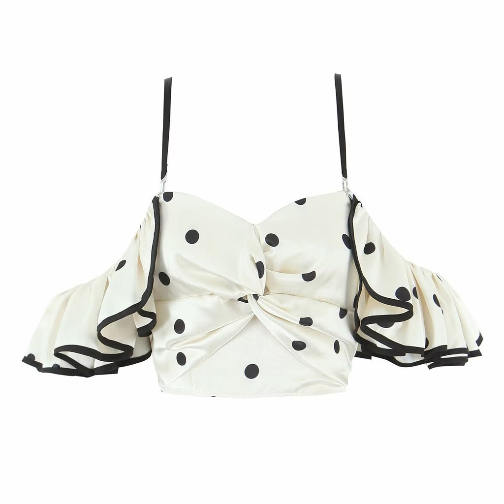 Women's Spring Retro Black White Polka Dot Ruffled Spaghetti Straps Tube Top