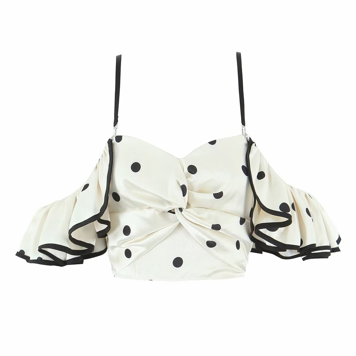 Women's Spring Retro Black White Polka Dot Ruffled Spaghetti Straps Tube Top