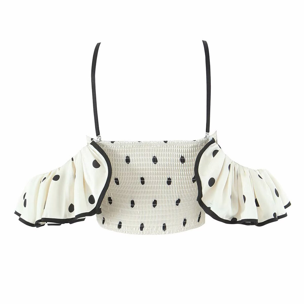 Women's Spring Retro Black White Polka Dot Ruffled Spaghetti Straps Tube Top