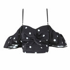 Women's Spring Retro Black White Polka Dot Ruffled Spaghetti Straps Tube Top