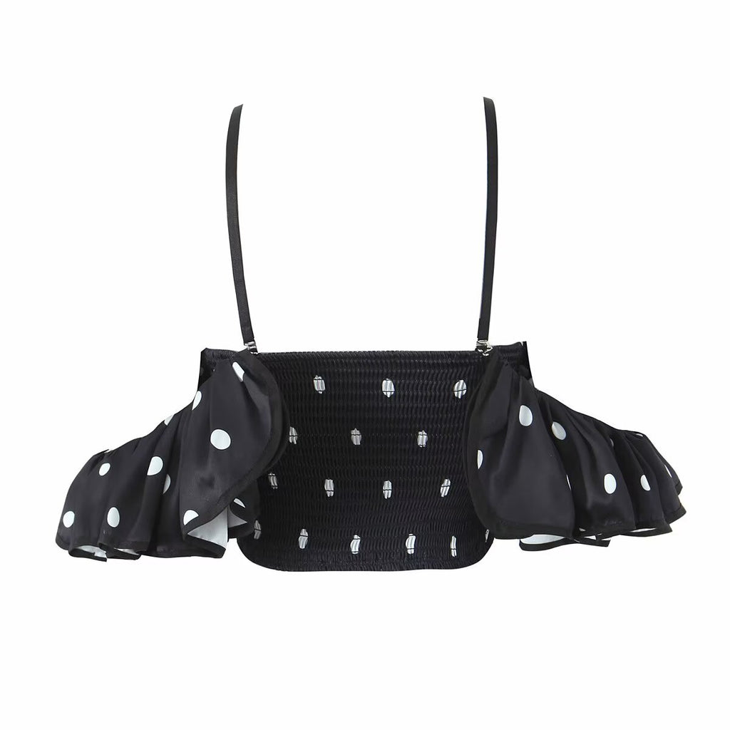 Women's Spring Retro Black White Polka Dot Ruffled Spaghetti Straps Tube Top