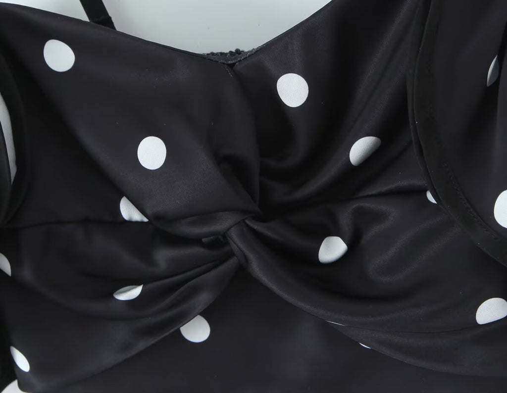 Women's Spring Retro Black White Polka Dot Ruffled Spaghetti Straps Tube Top