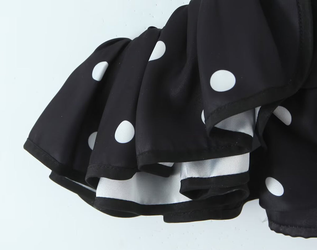 Women's Spring Retro Black White Polka Dot Ruffled Spaghetti Straps Tube Top