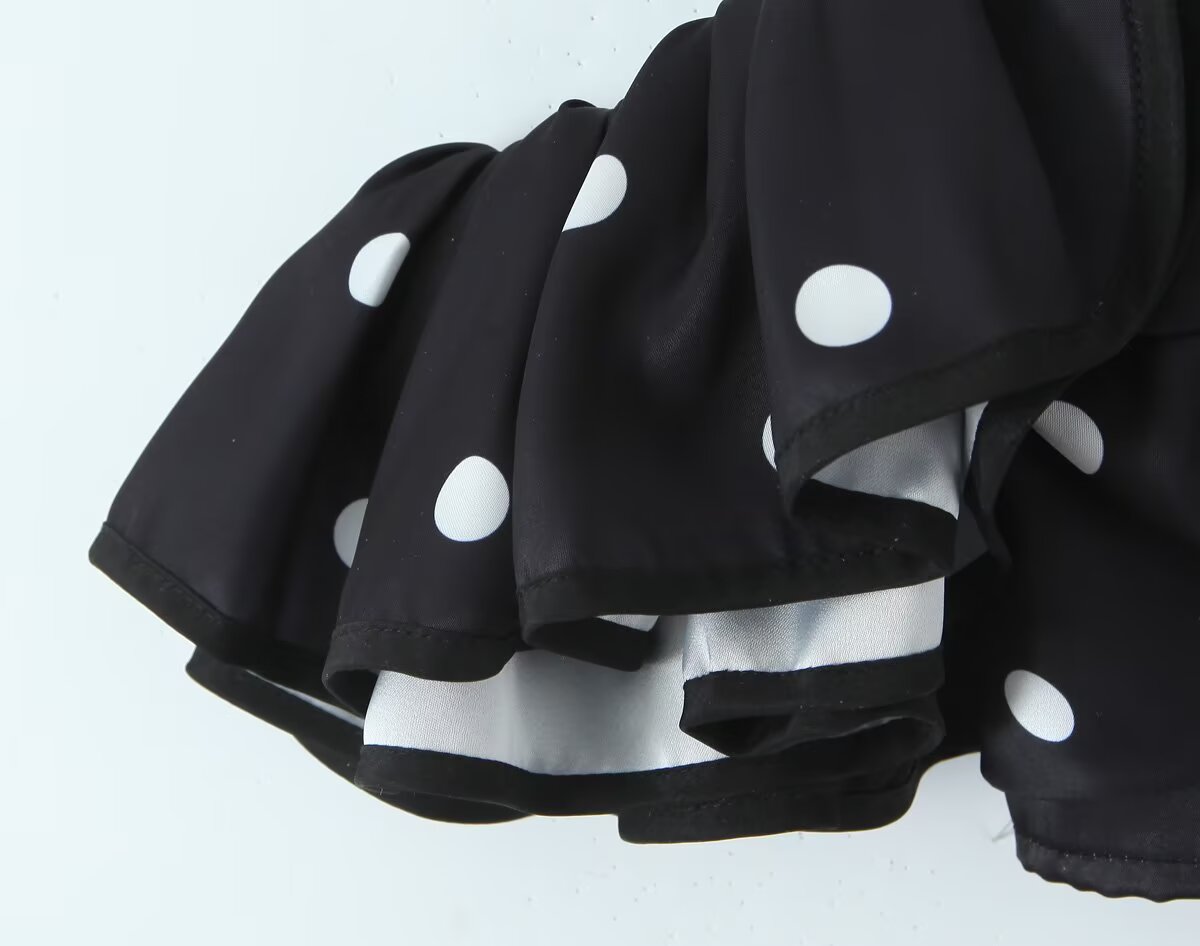 Women's Spring Retro Black White Polka Dot Ruffled Spaghetti Straps Tube Top