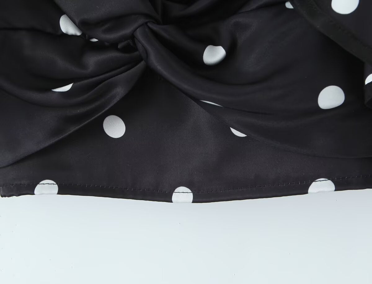 Women's Spring Retro Black White Polka Dot Ruffled Spaghetti Straps Tube Top