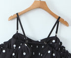 Women's Spring Retro Black White Polka Dot Ruffled Spaghetti Straps Tube Top