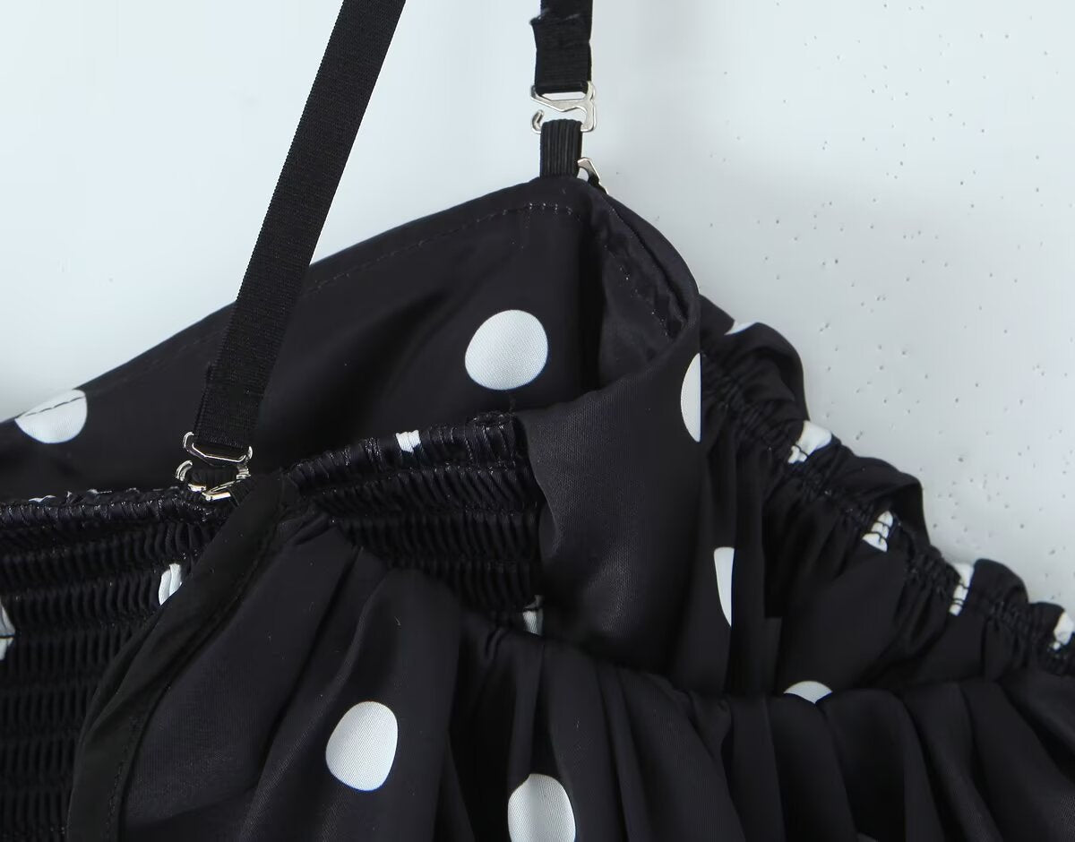 Women's Spring Retro Black White Polka Dot Ruffled Spaghetti Straps Tube Top