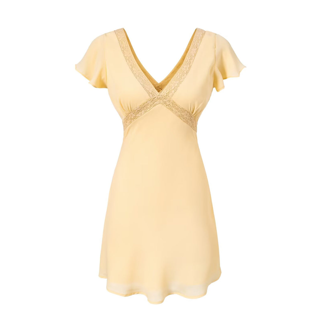 Women's V-Neck Lace Ruched Tie Flutter-Sleeve A-Line Mini Dress