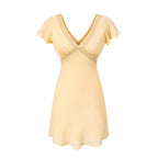 Women's V-Neck Lace Ruched Tie Flutter-Sleeve A-Line Mini Dress