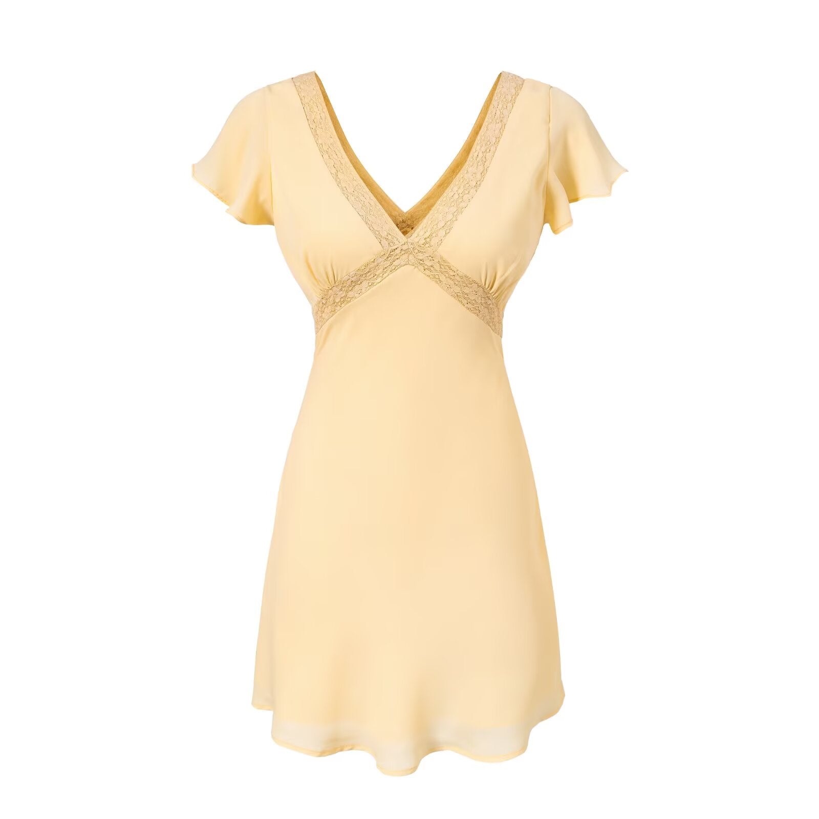 Women's V-Neck Lace Ruched Tie Flutter-Sleeve A-Line Mini Dress