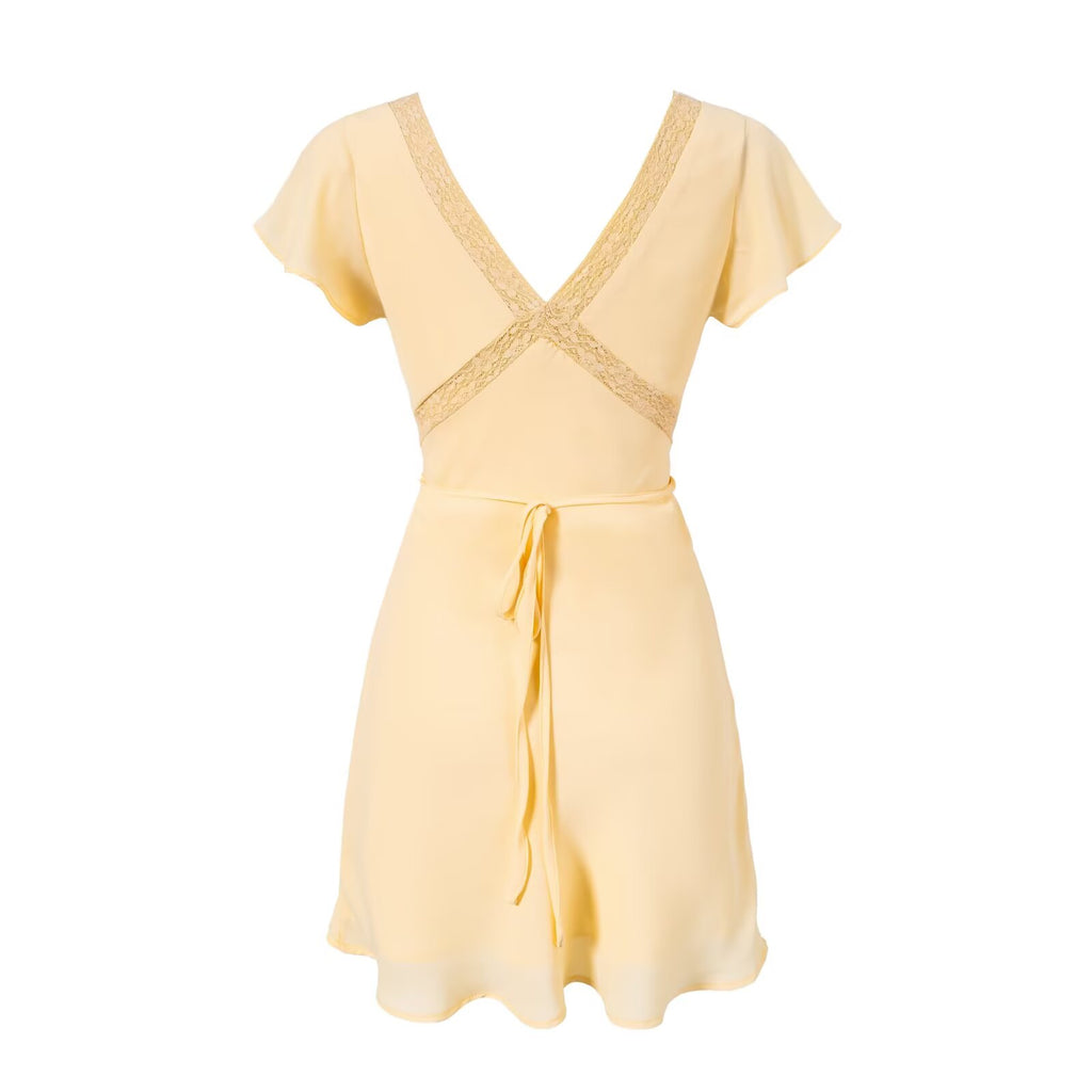 Women's V-Neck Lace Ruched Tie Flutter-Sleeve A-Line Mini Dress