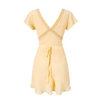 Women's V-Neck Lace Ruched Tie Flutter-Sleeve A-Line Mini Dress