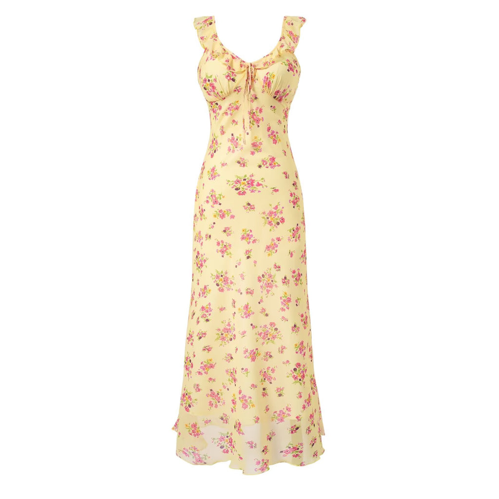 Women's V Neck Ruffled Bow Tie Shoulder Floral Suspender Tight Waist Slim Seaside Vacation Dress