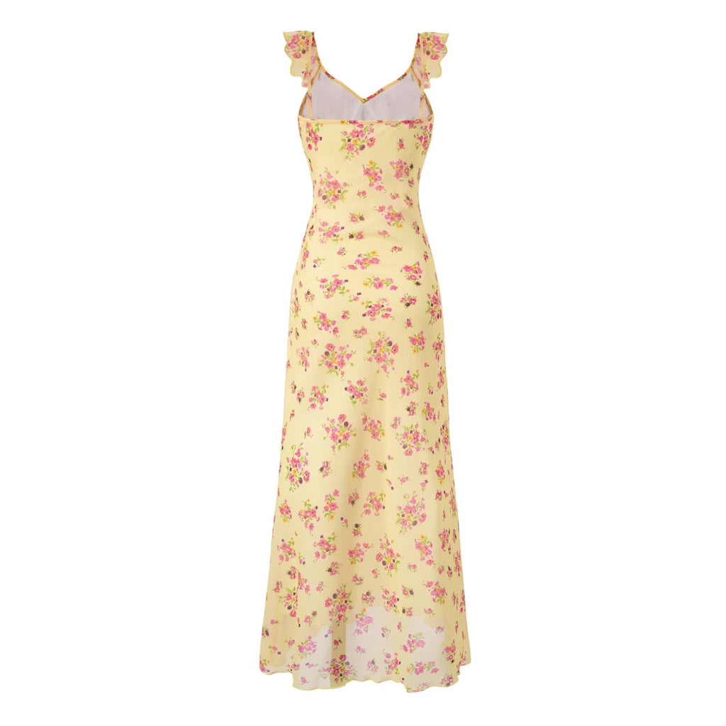 Women's V Neck Ruffled Bow Tie Shoulder Floral Suspender Tight Waist Slim Seaside Vacation Dress