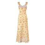 Women's V Neck Ruffled Bow Tie Shoulder Floral Suspender Tight Waist Slim Seaside Vacation Dress
