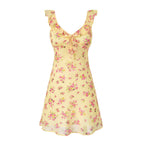 Women's Yellow Floral V-Neck Vacation Mini Dress