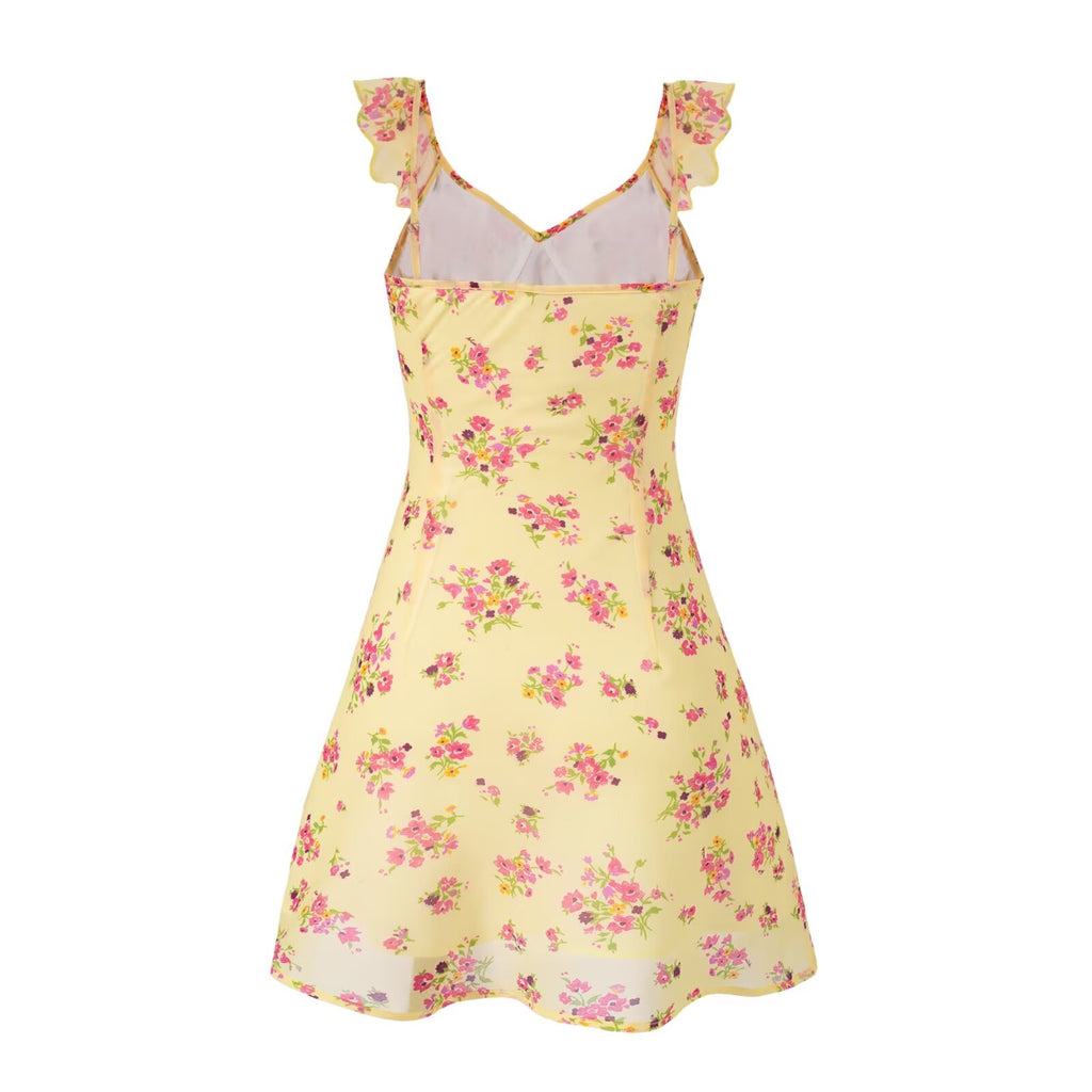 Women's Yellow Floral V-Neck Vacation Mini Dress