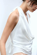 's Hanging Collar Silk Satin Textured Top