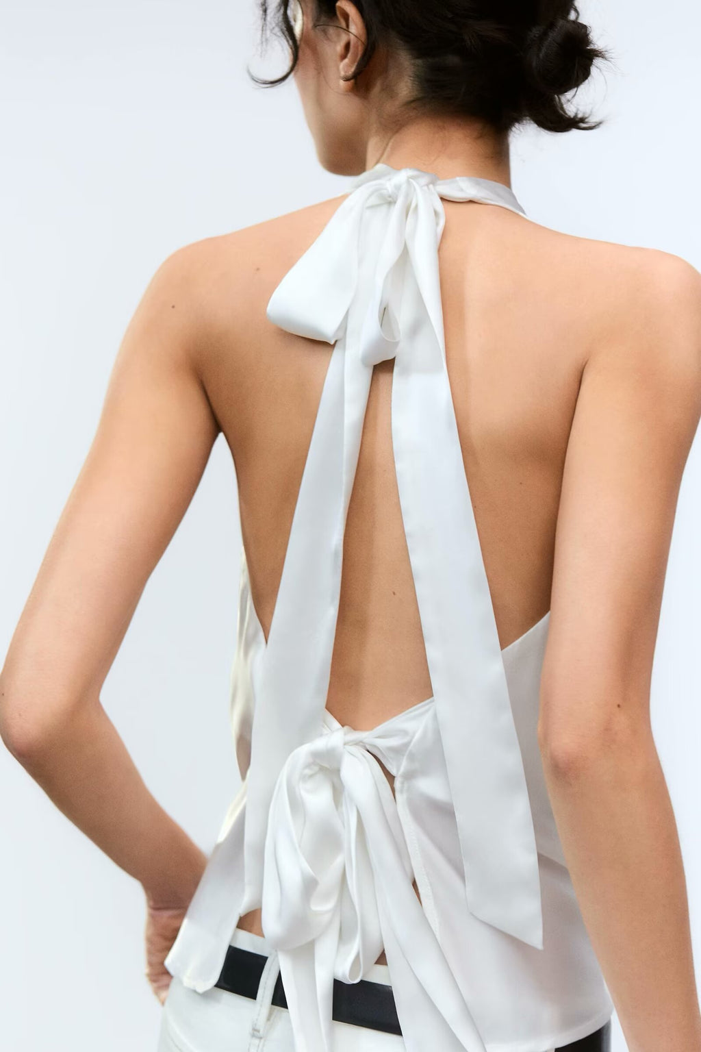 's Hanging Collar Silk Satin Textured Top