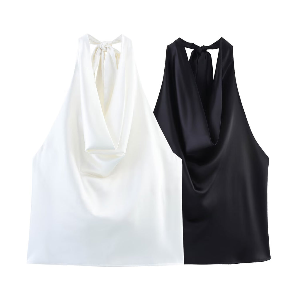 's Hanging Collar Silk Satin Textured Top