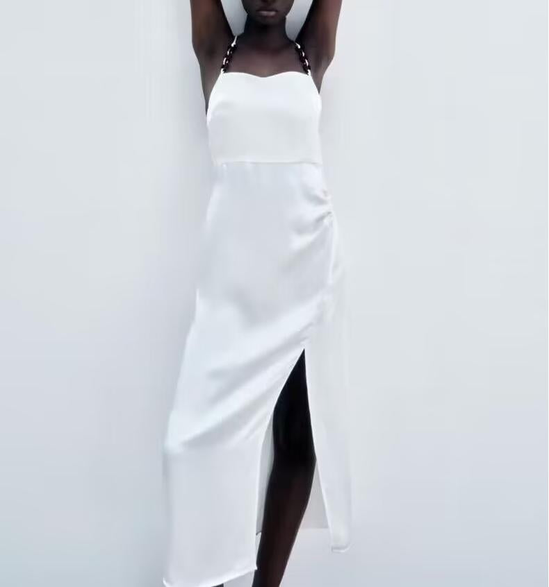 Chain Ornament Silk Satin Slip Dress
