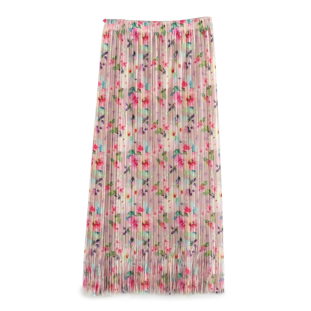 Spring Summer Single Layer Crumpled Floral Printed Skirt