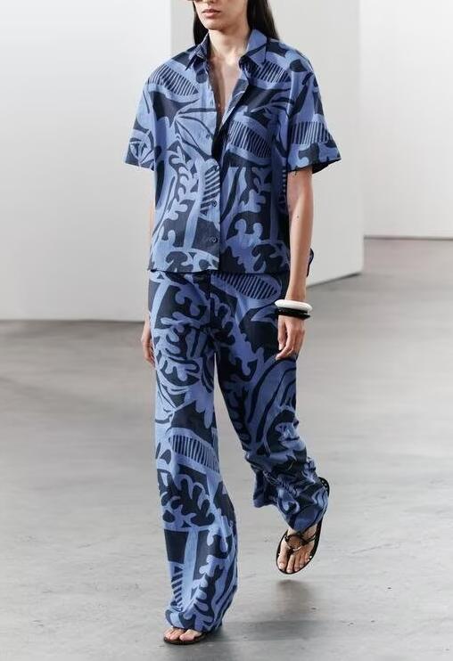Spring Summer Casual Short-Sleeve Printed Shirt Straight Pants