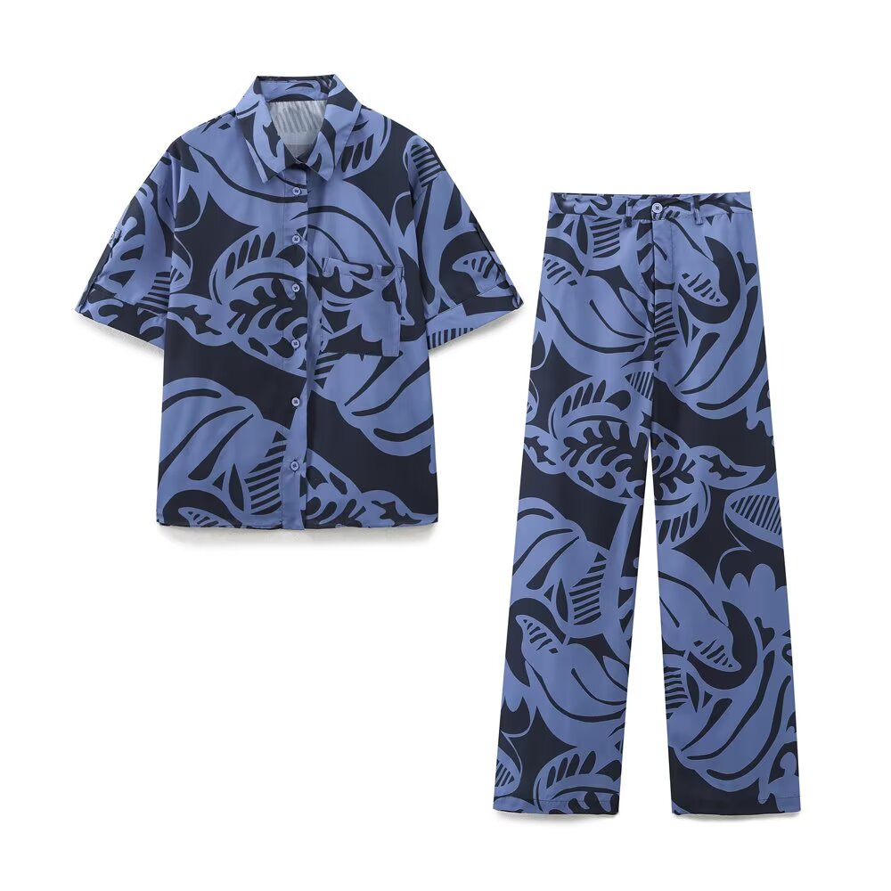 Spring Summer Casual Short-Sleeve Printed Shirt Straight Pants