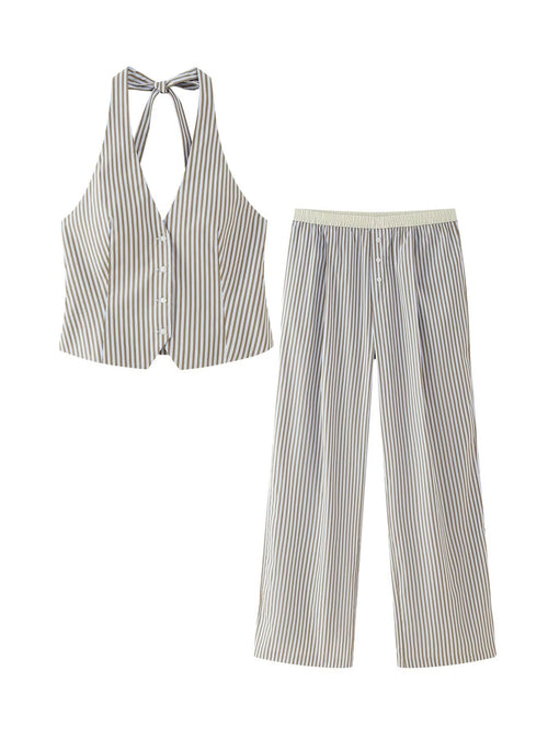 Spring Women Clothing French Contrast Color Striped Pajamas Pants Sets