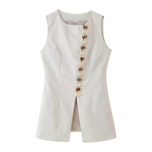 Spring Summer Women Casual Wild Decorated Row Button Vest Top Skirt Sets