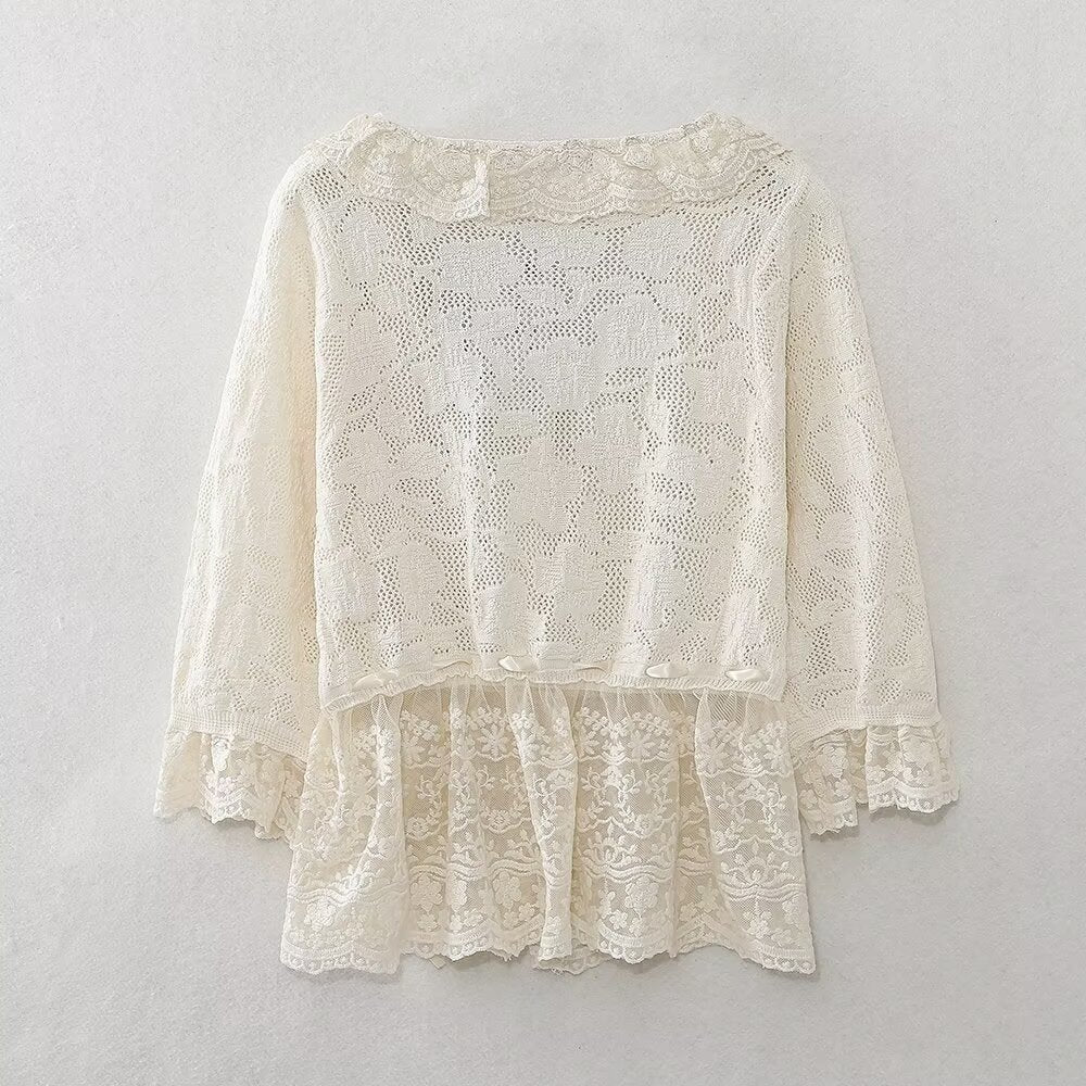 Women's Spring Women Clothing Fashionable All Match Lace Decorative Knitted Top