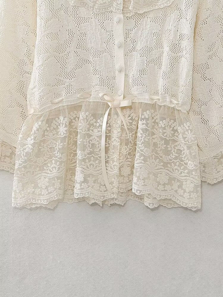Women's Spring Women Clothing Fashionable All Match Lace Decorative Knitted Top