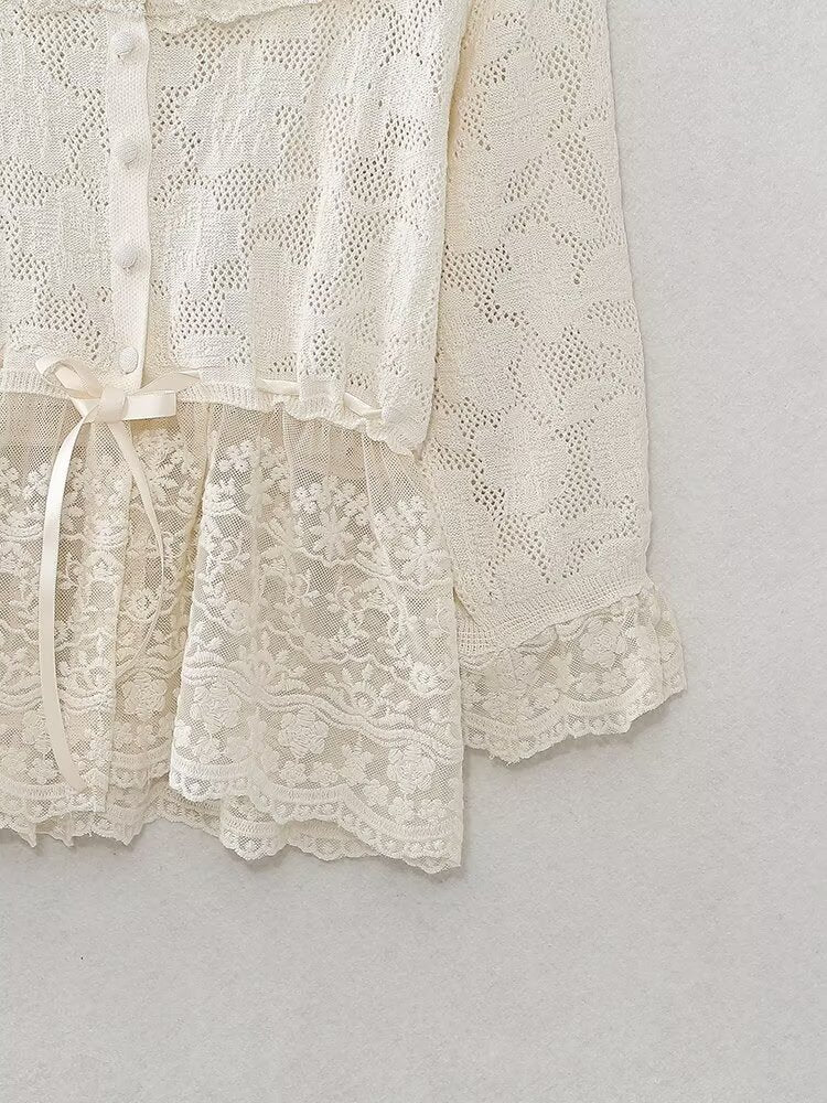 Women's Spring Women Clothing Fashionable All Match Lace Decorative Knitted Top
