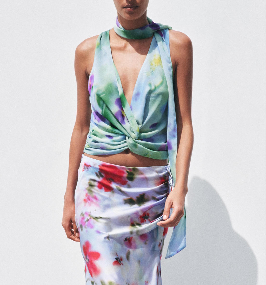 Women's Summer Sexy Deep V Plunge Neck Bowknot Decoration Printed Sleeveless Vest Small Top Women