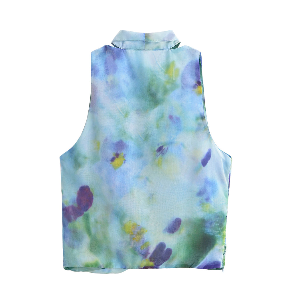 Women's Summer Sexy Deep V Plunge Neck Bowknot Decoration Printed Sleeveless Vest Small Top Women